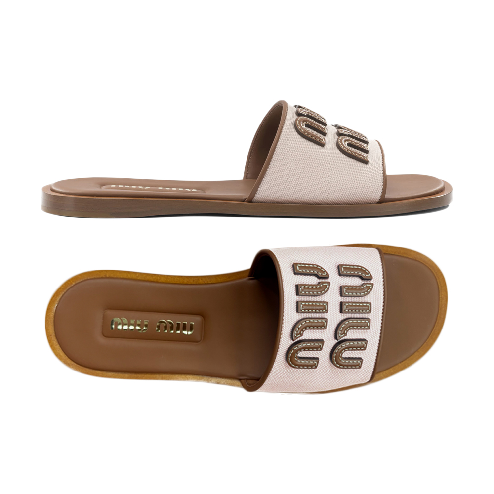 26SS 로고 자수 캔버스 레더 슬라이드 피치/브랜디 5XX644 010 F05CW