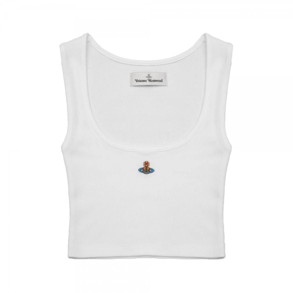 26SS ORB 자수 로고 리브 크롭 슬리브리스 탑 화이트 1G010011 J009C A401