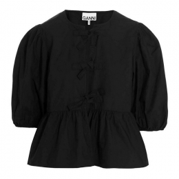 ◆당일◆25SS 보우 퍼프 슬리브 페플럼 블라우스 블랙 F7364 099