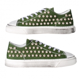 ◆12주년◆원형 스터드 벨로아 빈티지 스니커즈 카키 GXU021SF00GOM0B500