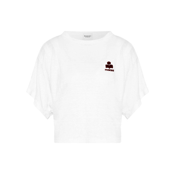 26SS KYANZAE 로고 린넨 티셔츠 화이트/버건디 TS0313FA A1N09E WHBY