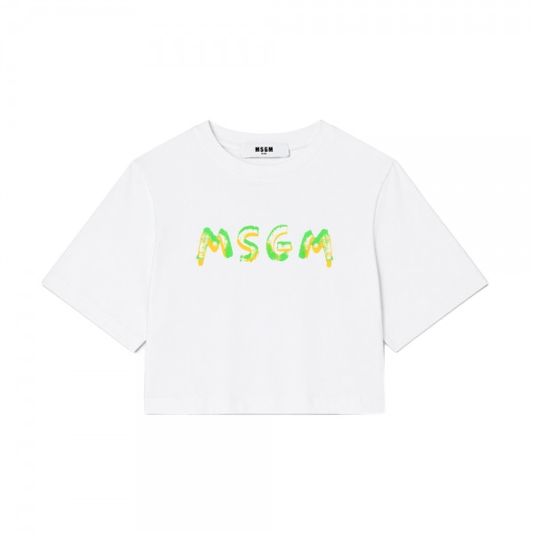 키즈 로고 페인팅 크롭 반팔 티셔츠 화이트 S6MSJGTH002 001